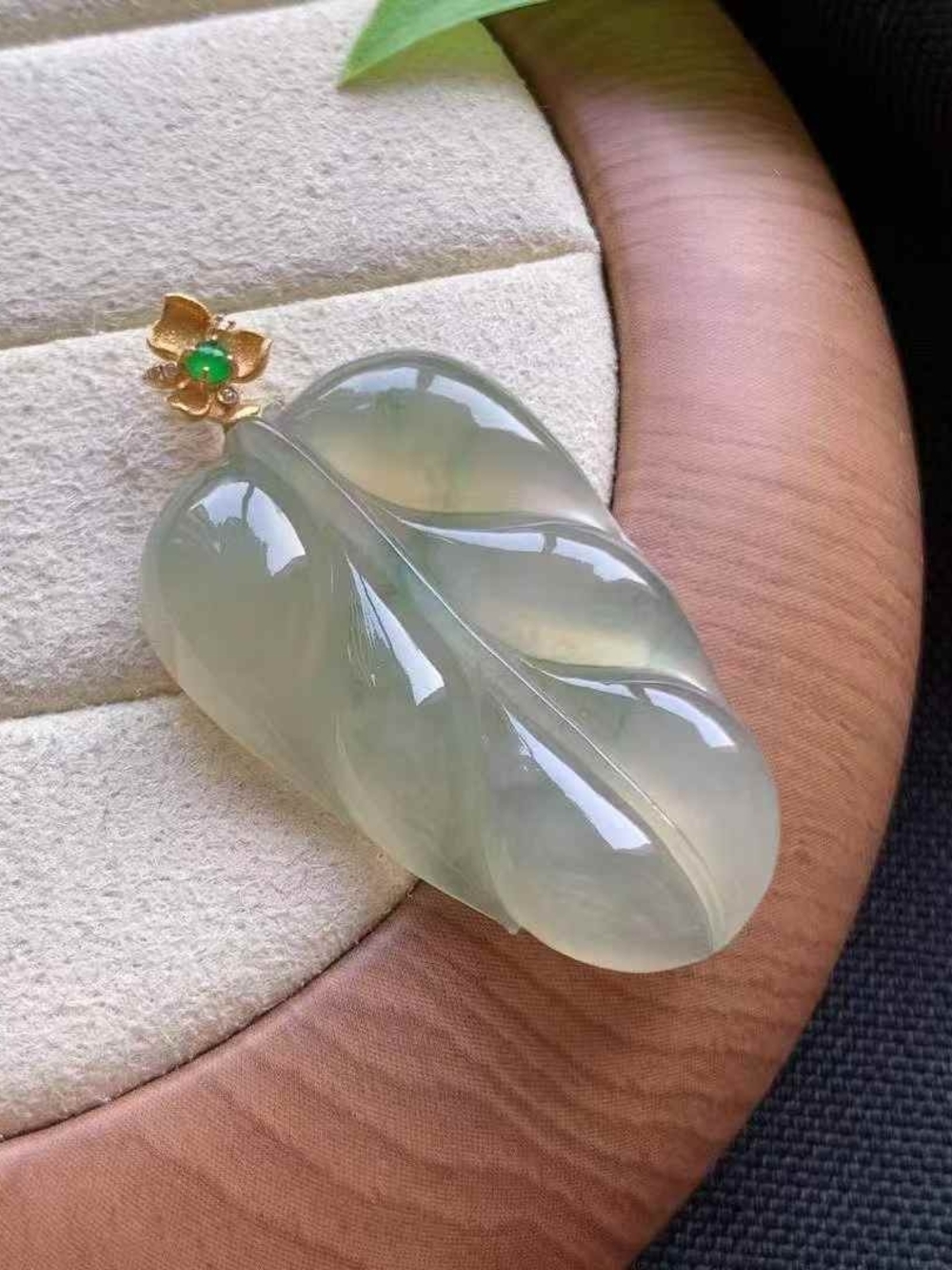Pale Green Jade Leaf Pendant Necklace with 18k Gold Flower Bail Cerified Tpye A